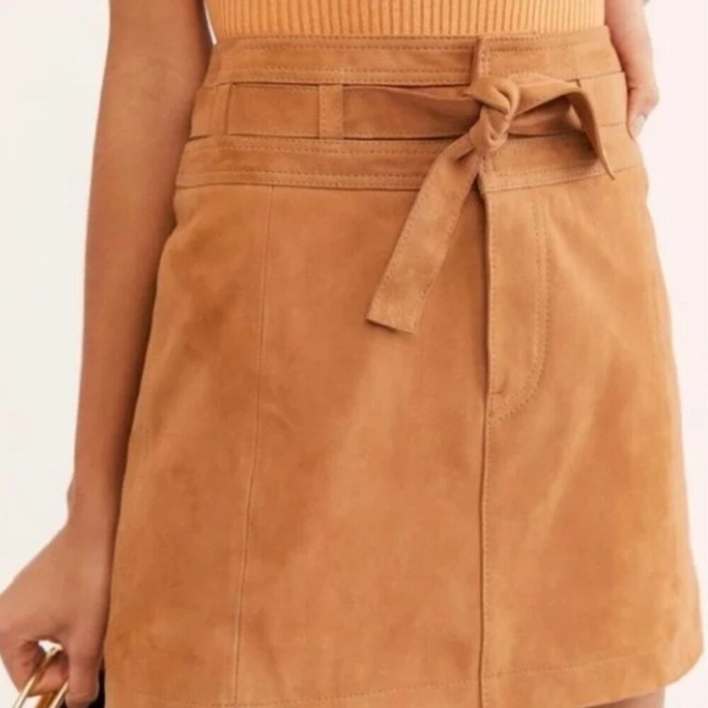 Free People Livin’ For Love Suede Goat Leather Mini Skirt Camel Belt Size 6 Nwt